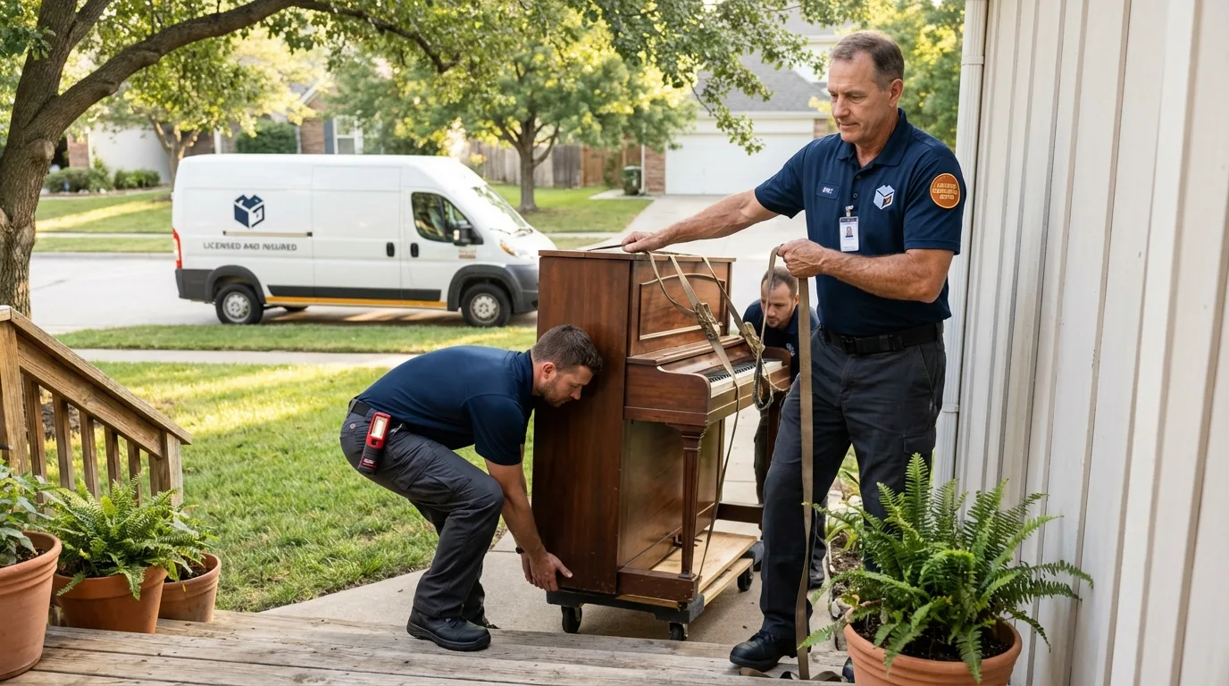 Licensed piano movers securing grand piano in Waverly, IL