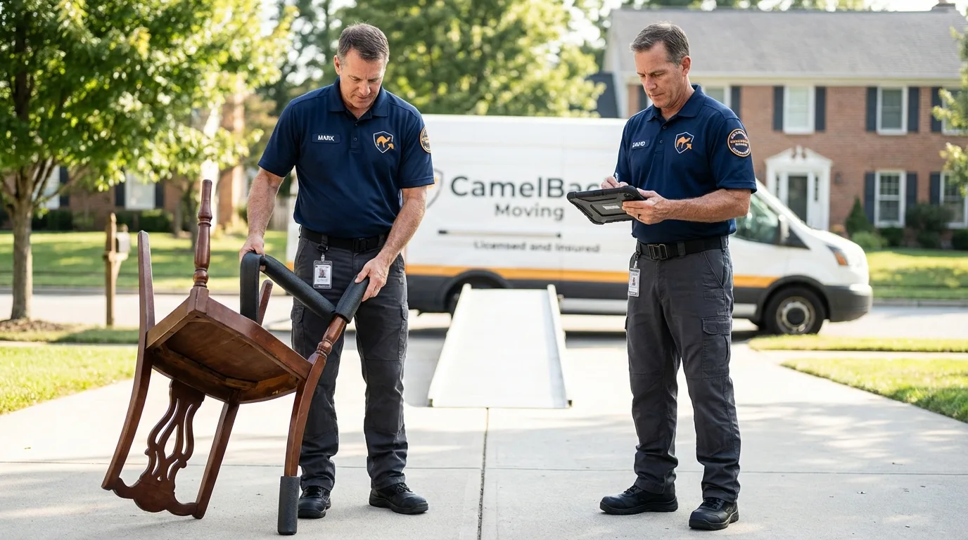Movers inspecting furniture for damage prevention before loading in Waverly, IL