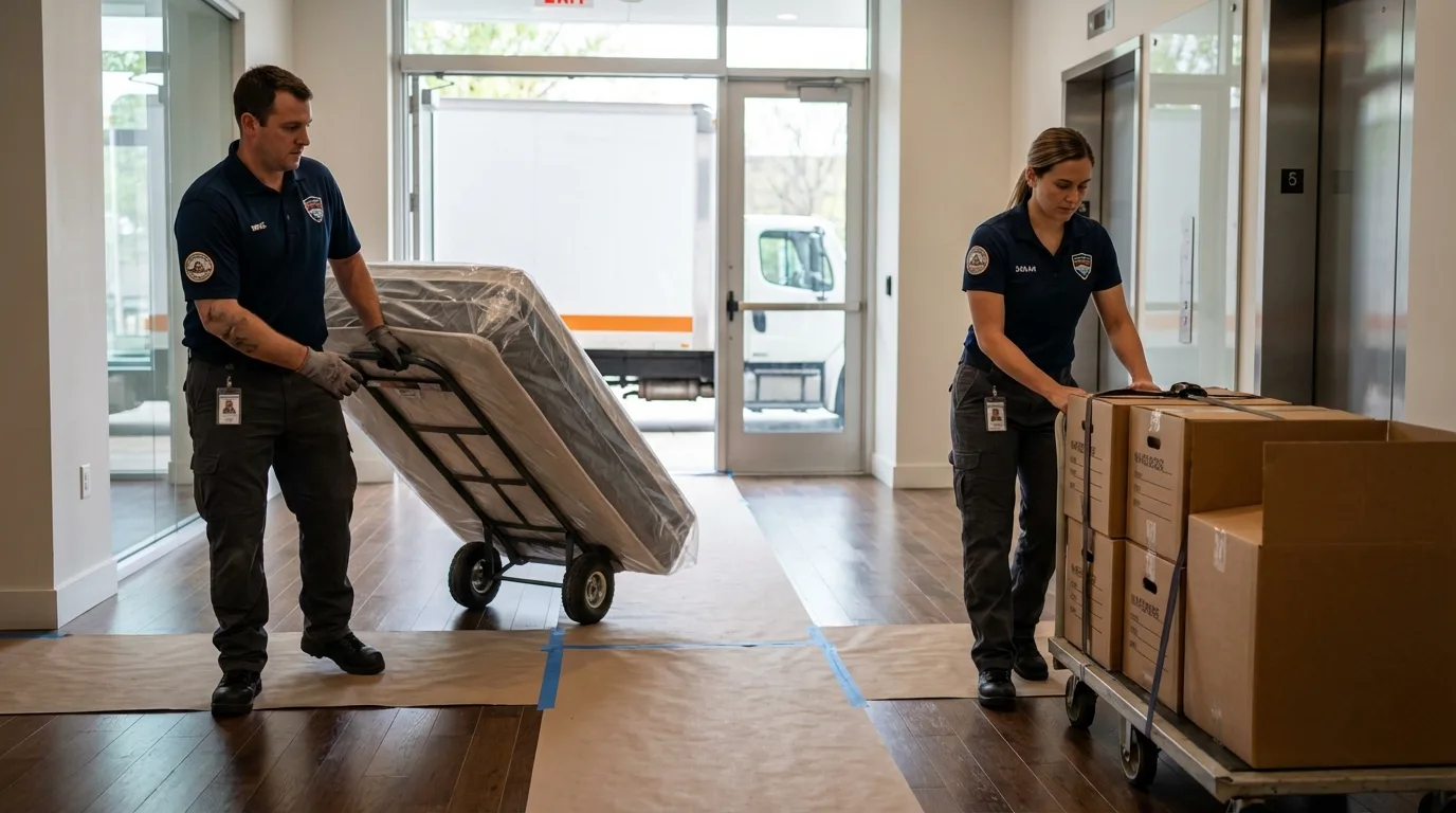 Professional apartment movers loading elevator in Waverly, IL